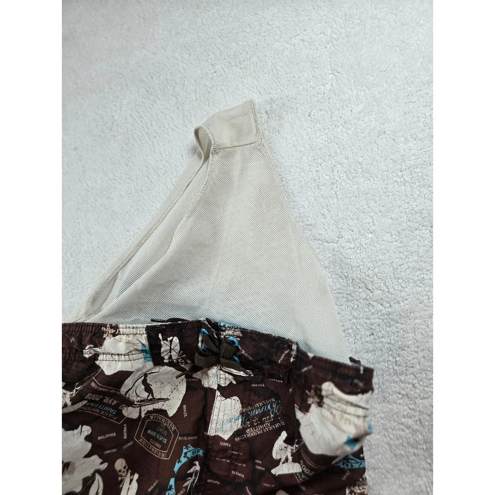 Joe Boxer Mens XL Brown Tropical Passport Travel Print Board Shorts Swim Trunks